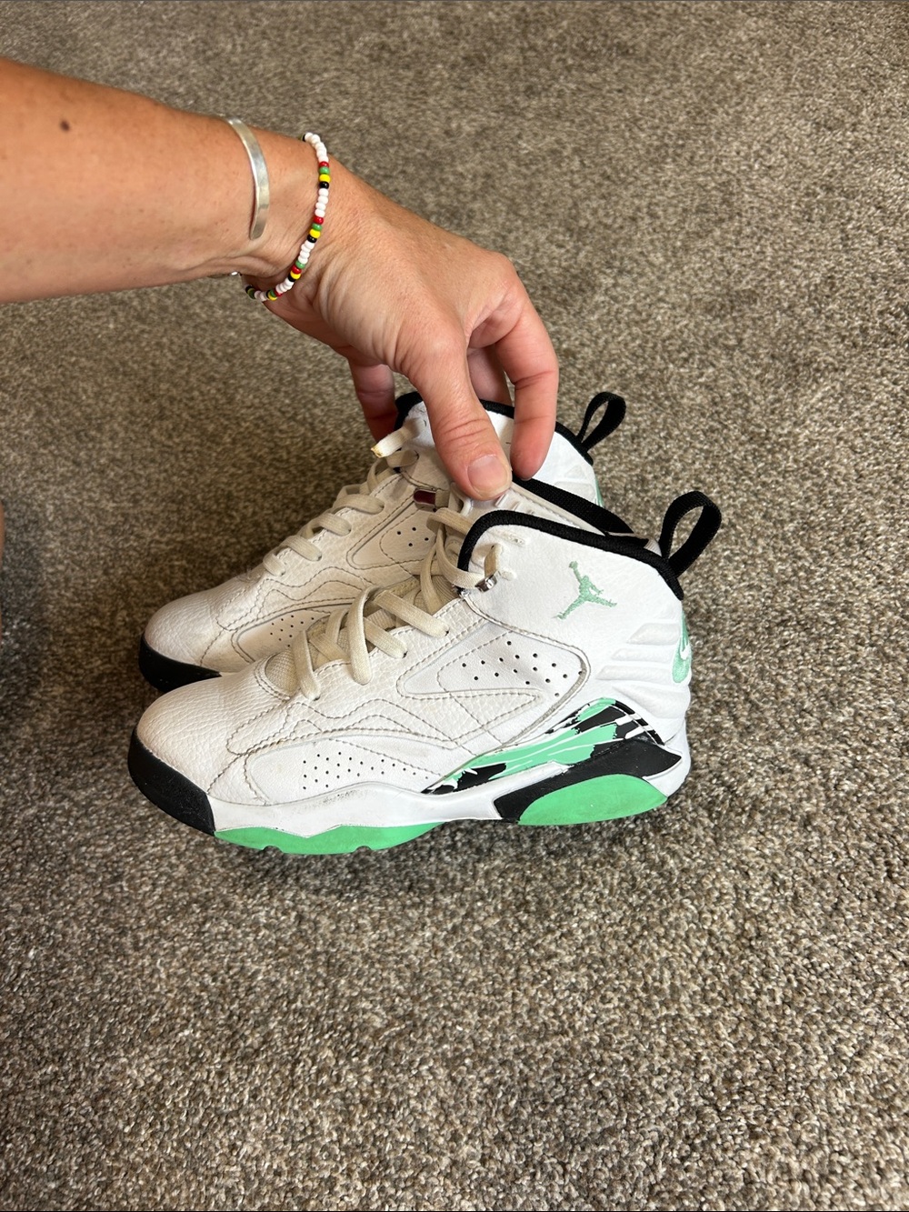 Jordan Kids White and Green High-Top Basketball Sneakers